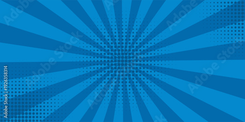 Blue comic style burst background with radial rays and halftone dots, creating a dynamic pop art effect