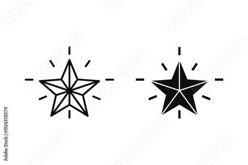 Star Icon Outline and Solid Black Silhouette with Light Rays