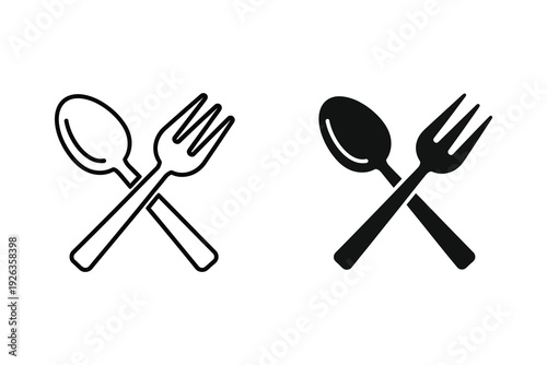 Crossed Spoon and Fork Icon for Dining, Outline and Solid