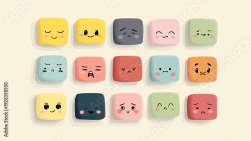 Collection of colorful retro geometric shapes with various facial expressions set in a grid layout