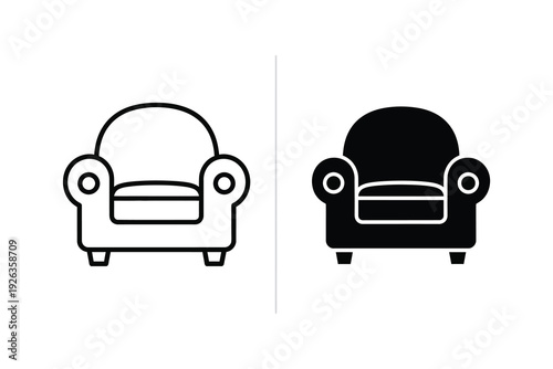 Armchair Icon Set: Line Drawing and Solid Silhouette Design