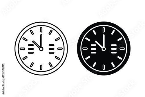 Minimalist Black Clock Icons - Outline and Filled Timepiece Symbols for Scheduling