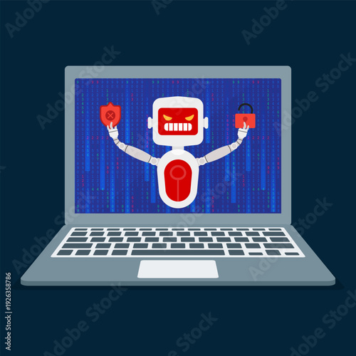 Malicious robot on laptop screen holding shield and unlocked padlock, symbolizing cyber attack, hacking threat, malware infection and online security breach.