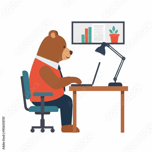 Bear professional sits focused at a wooden desk working diligently on a laptop computer while viewing business charts on a wall monitor.