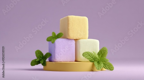 Pastel Cubes with Fresh Mint Leaves on a Pedestal.