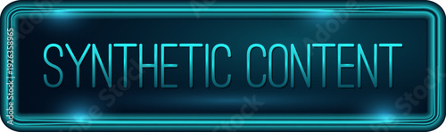 Synthetic Content Technology Neon Stamp.  Button Icon. UI UX design. Isolated Background. AI, Machine Learning. Futuristic, Digital, Blue Tech. AI Concept. Vector Illustration.