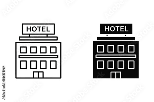 Hotel Building Line and Glyph Icons - Black Symbols for Travel and Accommodation
