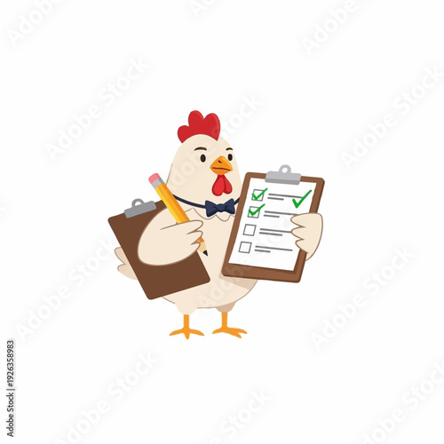 Chicken character dressed formally holds two clipboards, one with a completed checklist and the other ready for writing with a large yellow pencil.