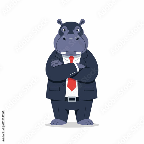 Hippopotamus executive wearing a dark suit and red tie stands confidently with arms crossed, embodying corporate authority and seriousness.