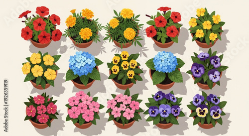 Collection of colorful flowers in pots with varying hues and lush greenery on white background for gardening and decoration purposes