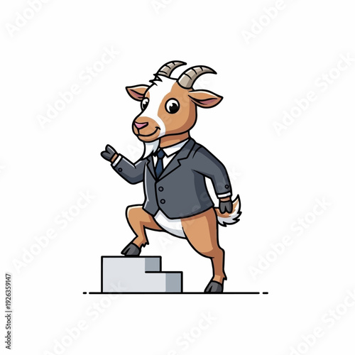 Goat mascot dressed in a business suit confidently steps up small stairs symbolizing career progression and achievement.