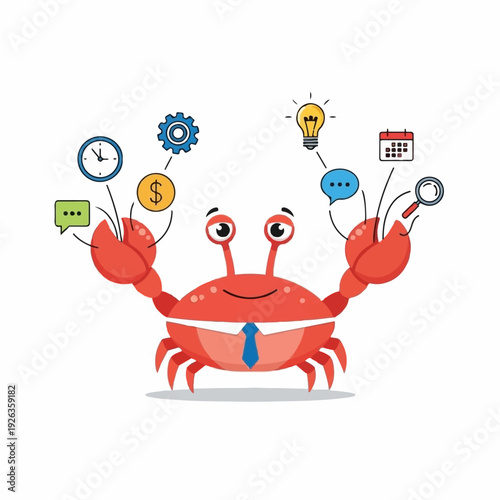 Clever crab wearing a business tie juggles numerous tasks including finance, scheduling, ideas, and analysis for peak productivity.