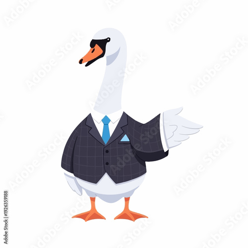 Swan executive wearing a plaid suit jacket and sunglasses makes an inviting gesture with an open wing toward the side.