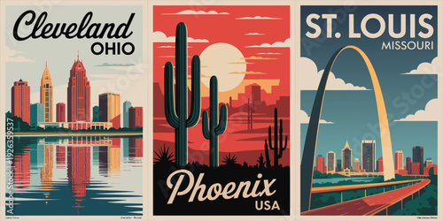 Tableau sur toile Cleveland Ohio Travel Poster, stylized cityscape illustration, retro travel post