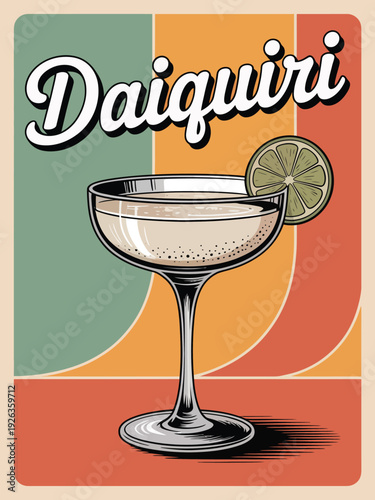 Daiquiri Cocktail Poster, white retro-style bubble letters with shadow, three horizontal background sections, vibrant cocktail illustration
