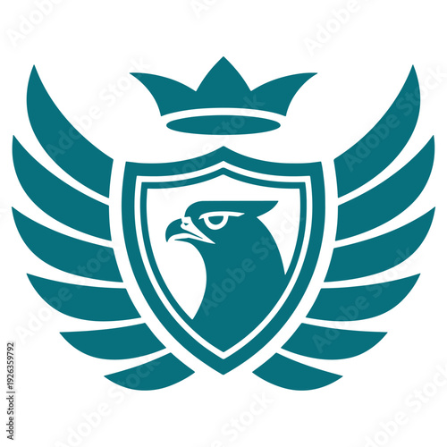 Eagle shield logo with crown and feathers - bold and authoritative emblem design
