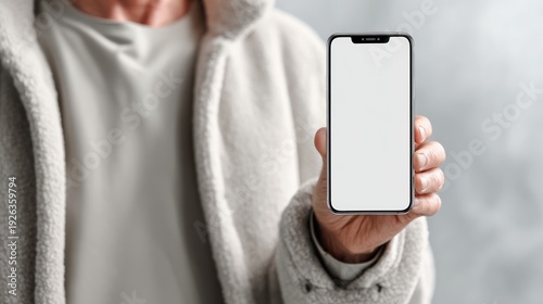 Person holding a smartphone with a blank screen.