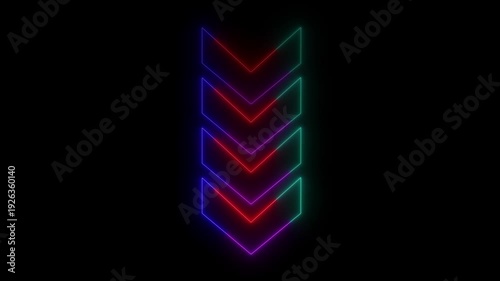 Abstract beautiful multi color neon down side directional arrow. Neon down direction arrow icon animation on black background.