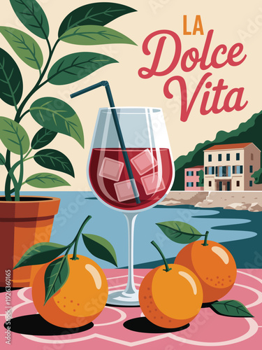 Wallpaper Mural La Dolce Vita Retro Poster, stylized Italian lifestyle illustration, bold pastel typography, classic mid-century design Torontodigital.ca