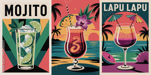 Mojito Cocktail Poster, large black MOJITO text, hurricane glass with dark red drink, purple orchid and pineapple garnish