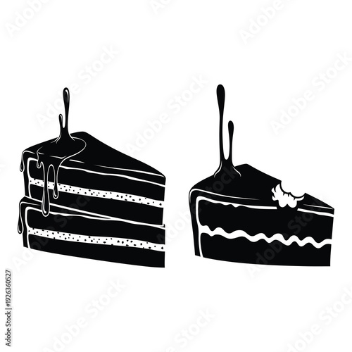 Black and white illustration of two slices of layered cake isolated on white background