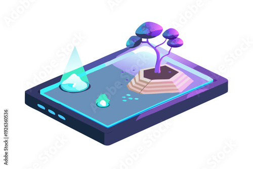 A minimalist zen garden with raked sand but with glowing neon rocks and a digital holographic bonsai tree, peace meets future.