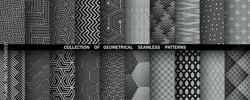 Geometric set of seamless black and gray patterns. Simple vector graphics