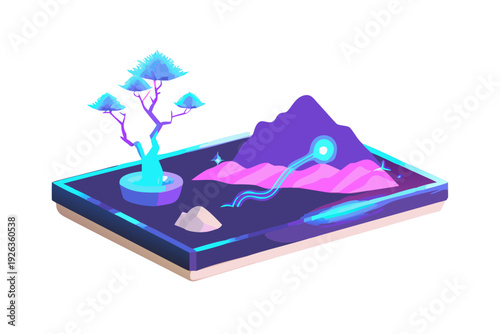 A minimalist zen garden with raked sand but with glowing neon rocks and a digital holographic bonsai tree, peace meets future.