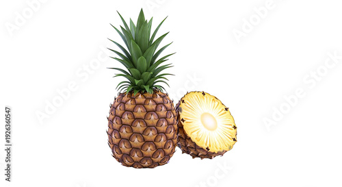 Whole and Halved Pineapple on White Background