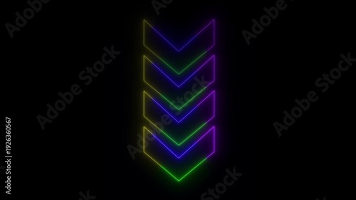 Abstract beautiful multi color neon down side directional arrow. Neon down direction arrow icon animation on black background.