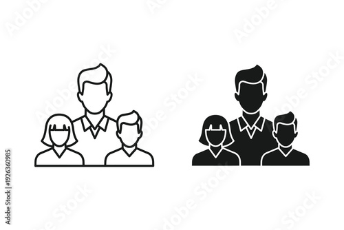 Family group icons in outline and solid black, representing parents and children
