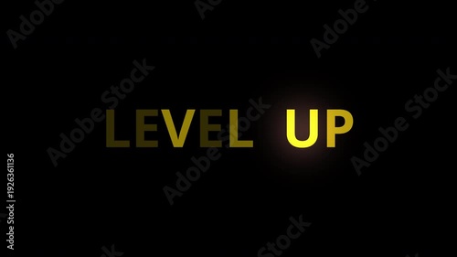 Level Up text animation rendering with alpha channel, seamless 4K loop background, dynamic gaming upgrade motion ready for overlay use.