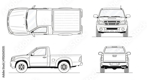 Pickup Truck Line Drawing Views.