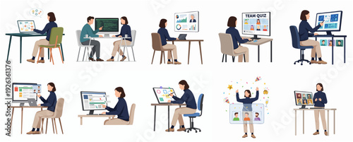 Flat Style Detailed Illustration People Working and Meeting Online Conference Call