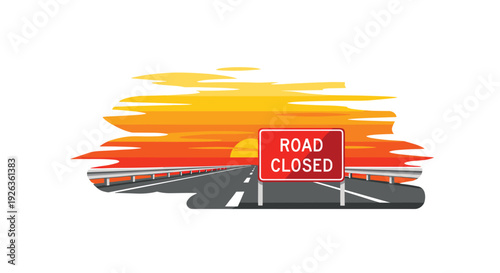 A stylized illustration presents a straight, empty road with guardrails and a Road Closed sign under a vibrant striped sunset.