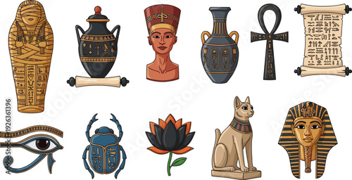 Ancient Egyptian symbols collection vector illustration, pharaoh sarcophagus ankh papyrus scarab cat artifacts mythology history isolated cultural heritage design set