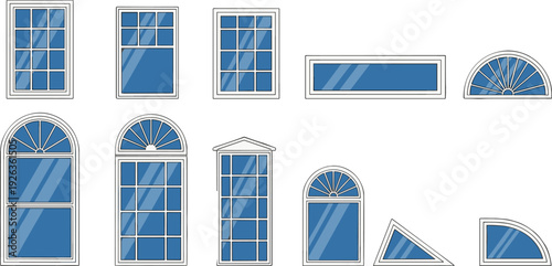 Architectural, windows, collection, modern, classic, frames, glass, facade, building, house, decorative, illustration, isolated, design, exterior, interior, shapes, stylish, construction, set