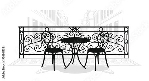 A detailed black silhouette illustration depicts an ornate wrought-iron balcony railing with two matching chairs and a small table.