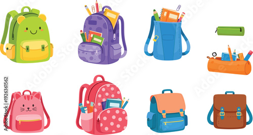 Backpacks, school, bags, illustration, stationery, education, colorful, students, supplies, children, cute, fashion, collection, design, cartoon, accessories, academic, learning, travel, kids