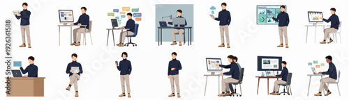 Flat Style Diverse Young Man Working From Home Office Set Illustration