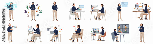 Flat Illustration Woman Using Technology for Communication and Remote Work Scenarios