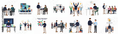 Flat Design Diverse Business People in Office Meeting and Presentation Illustration