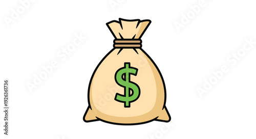 A securely tied beige money bag, prominently displaying a vibrant green dollar sign, is centered on a pristine white background.