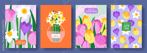 Hand drawn colorful set of posters or cards with spring flowers. botanical illustrations with narcissus, tulip, crocus. Modern template design for Mother's Day, Easter, Women's Day, holiday invitation