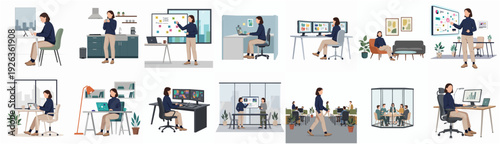 Set of Business People Doing Work in Office and Home