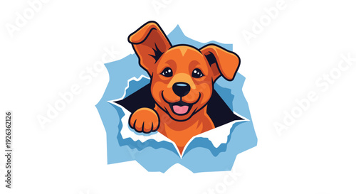 A happy, cartoon-style brown puppy with floppy ears emerges from a torn, light blue paper-like opening.