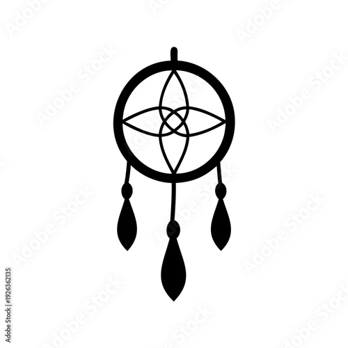 Simple silhouette of a dream catcher with ornate center knot design