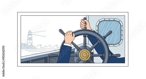 A person's hands in a blue suit jacket firmly grip a dark gray ship's wheel, with a lighthouse visible through the window.