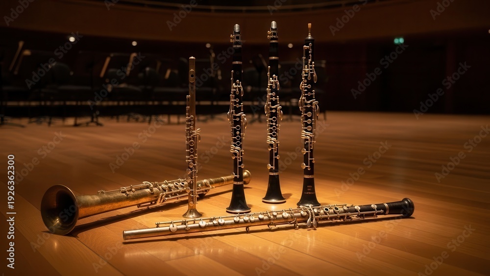 Obraz premium A collection of woodwind instruments including flutes and oboes on a wooden stage in an orchestra hall
