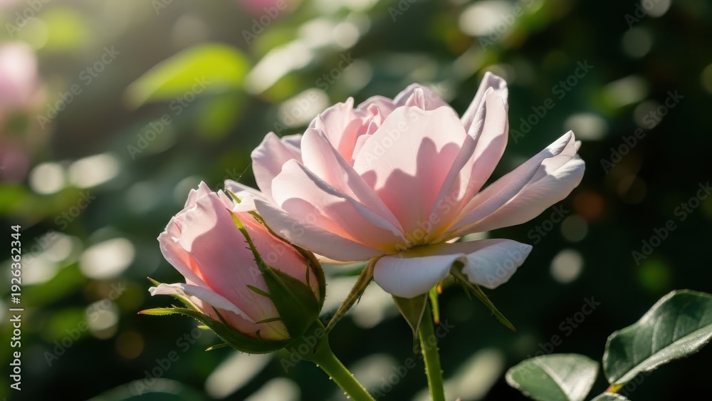 Obraz premium Delicate Pink Rose Bloom and Bud in a Sunlit Garden